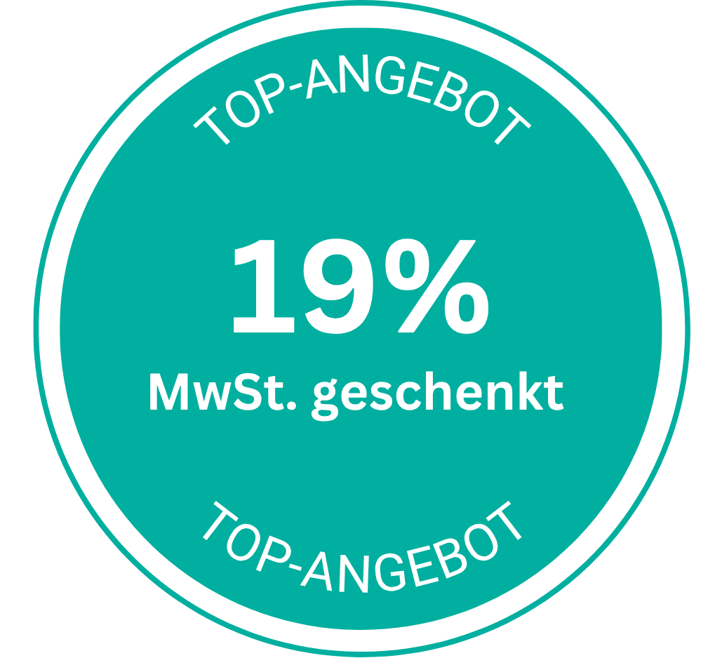 Blaugrüner Kreis mit der doppelten Aufschrift „19 % MwSt. geschenkt“ und „TOP-ANGEBOT“ am Rand.