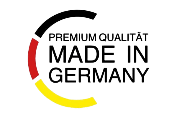 Logo mit dem Text „Premium Qualität Made in Germany“ und einem kreisförmigen Design in Schwarz, Rot und Gelb, ideal, um die Exzellenz Ihres Garagen-Sektionaltors zu präsentieren.