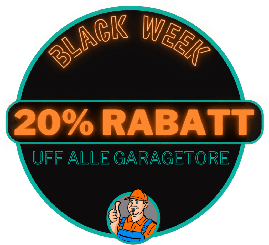 Rundes Abzeichen mit der Aufschrift „Black Week 20 % Rabatt bei allen Garagentoren“ und einem Cartoon-Arbeiter, der einen Daumen hoch zeigt.