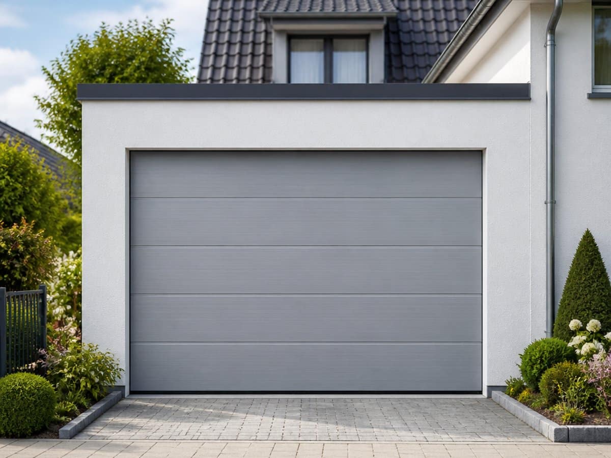 Fassade eines modernen Hauses mit geschlossenem Garagentor