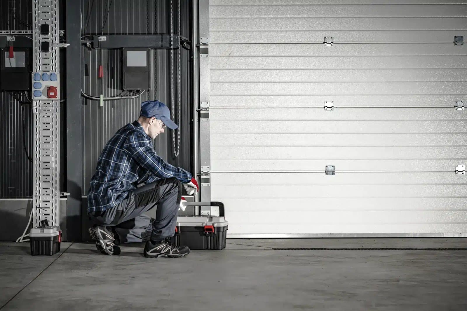 Techniker kniet mit Werkzeugkoffer vor einem weißen Sektionaltor in der Garage
