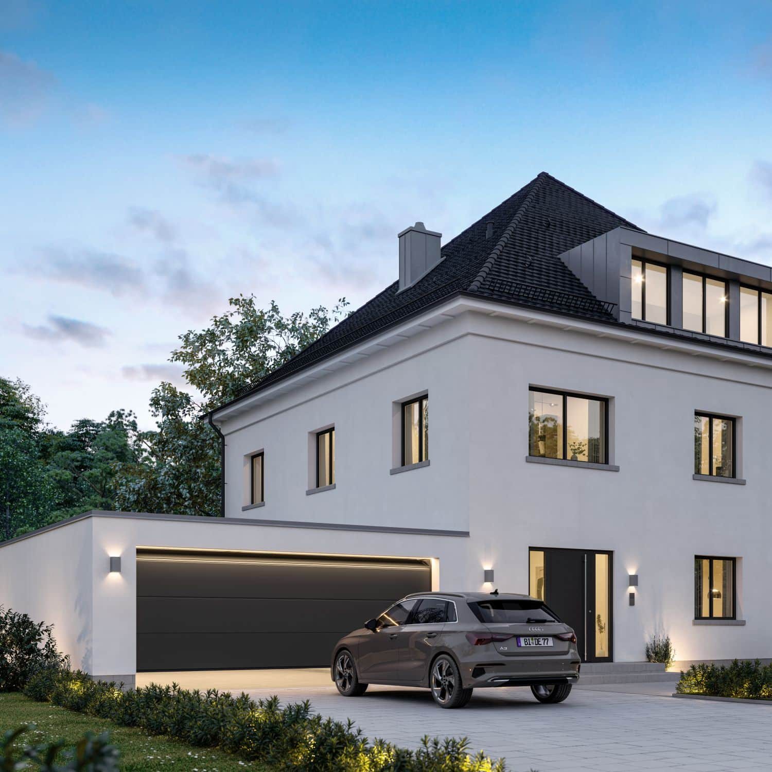Modernes Haus mit dunklem Sektionaltor und Auto in der Einfahrt